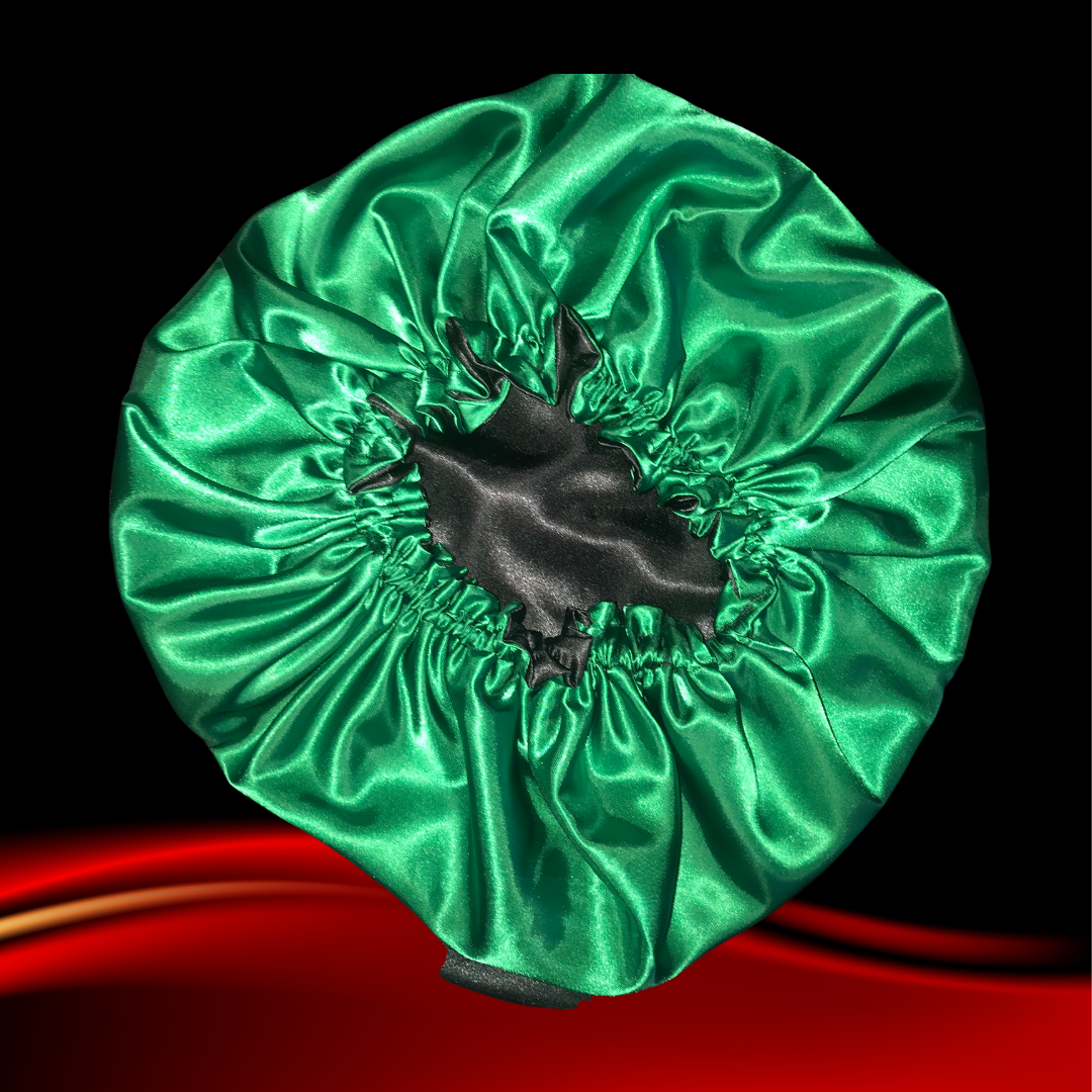 Green on Black Reversible Satin Bonnet